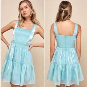 Lulus Thriving Darling Shiny Teal Blue Mermaidcore Sleeveless Tiered Mini‎ dress